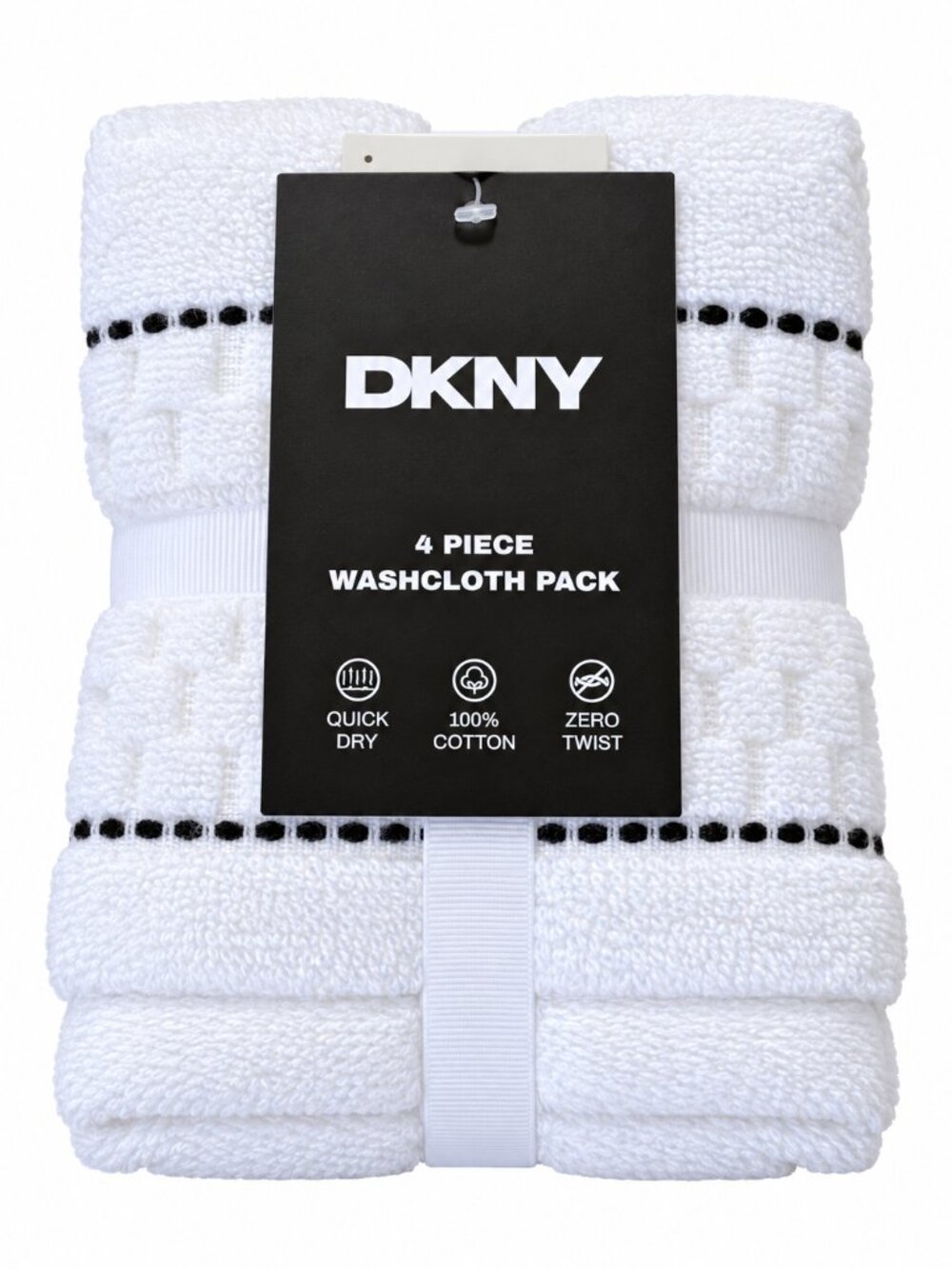 DKNY Facecloths Washcloths Set of 4 Textured White Squares Black Stripe Cotton